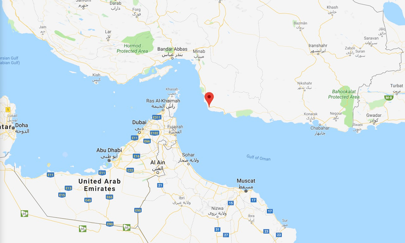 Map showing the location of the Kuhmobarak village in Iran’s Hormozgan province, the location where Iranian officials claim the drone was shot down